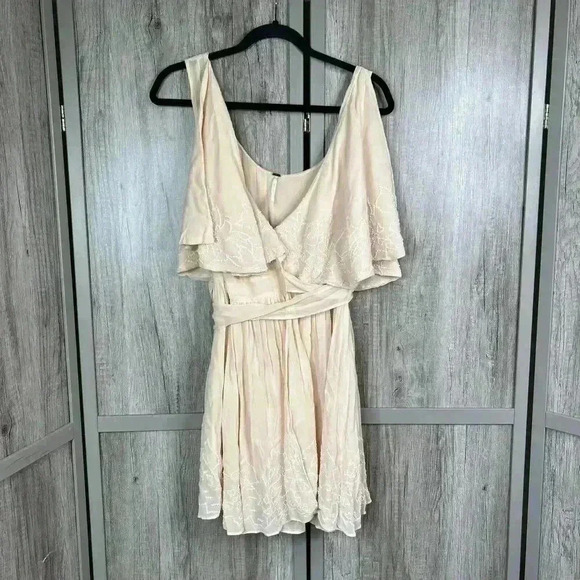 Free People Dress Small Petite Embroidered Beaded Wrap Mini Peach Sylvia Sz S P - Picture 1 of 15